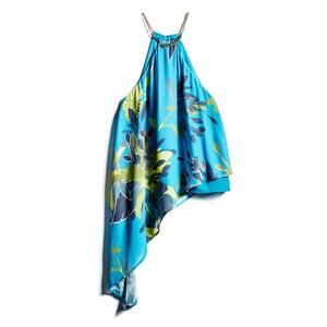 Marciano Blue Tropical Floral Print Halter Gold Chain Asymmetric Top Size Small